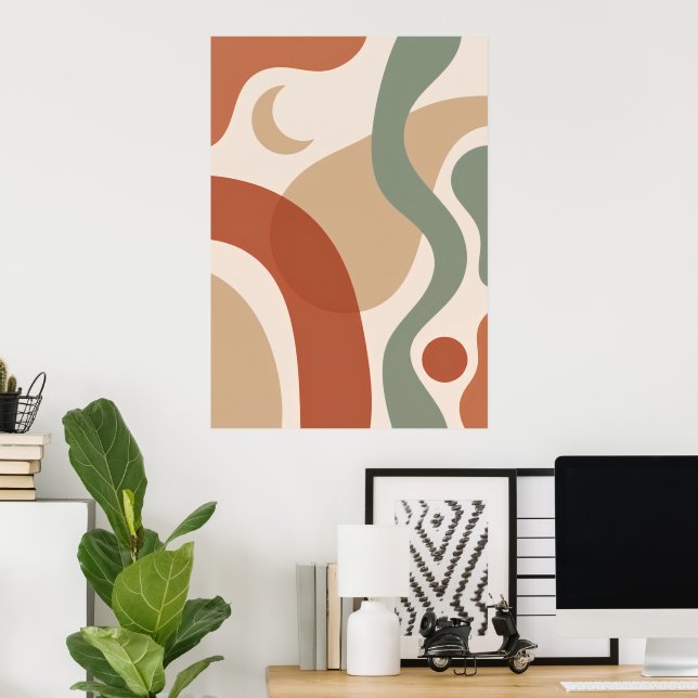 Abstrakt Boho Terrakotta & Salvia Mid-Century Kons Poster (Hemmakontoret)