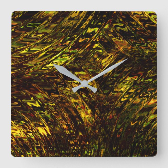 Abstrakt, böjda band i gyllene gröntar och mörkast fyrkantig klocka (Framsida)