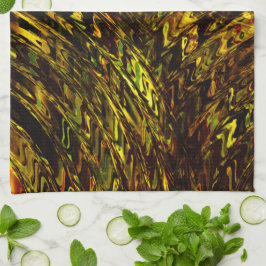 Abstrakt, böjda band i gyllene gröntar och mörkast kökshandduk