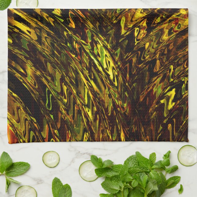 Abstrakt, böjda band i gyllene gröntar och mörkast kökshandduk (Vikta)