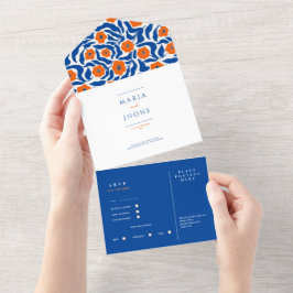abstrakt botanisk blå orange bröllop RSVP All-in