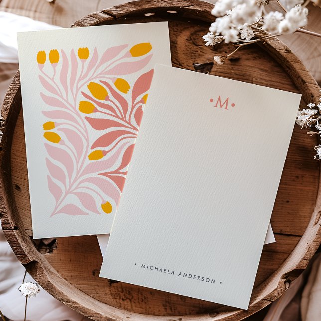 Abstrakt Botaniskt Blommönster Monogram & Namn Anteckningskort (Skapare uppladdad)