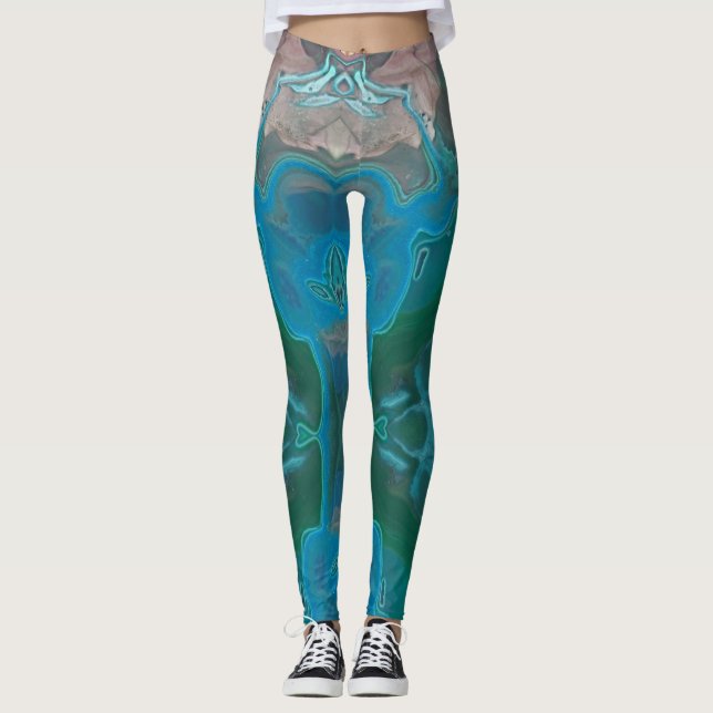 Abstrakt Bright Blue Grönt Swirled Gemstone Leggings (Framsida)