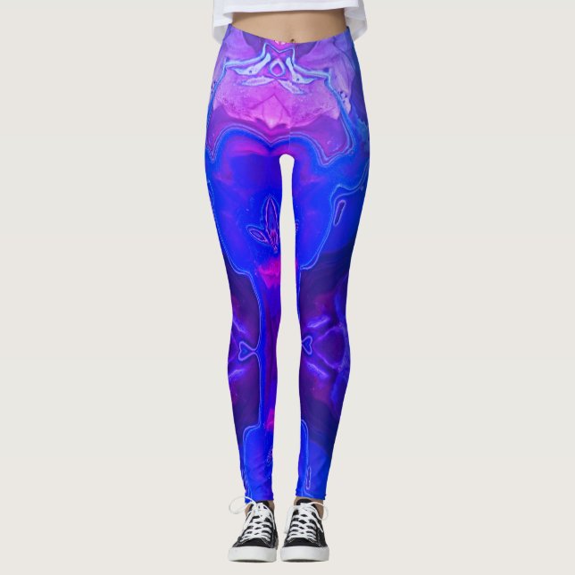 Abstrakt Bright Blue Lila Swirled Gemstone Leggings (Framsida)