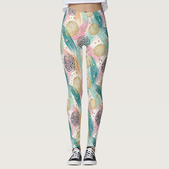 Abstrakt Brushstroke & Dot Mönster - Guld-accenter Leggings (Framsida)