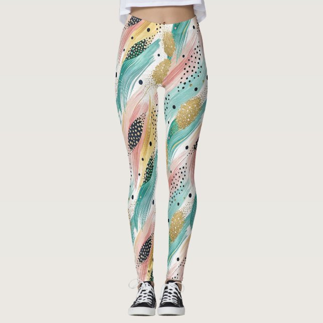 Abstrakt Brushstroke & Dot Mönster - Guld-dekorfär Leggings (Framsida)