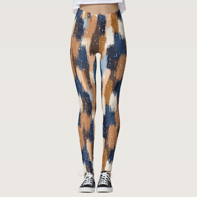 Abstrakt Brushstrokes i Blue, White & Brown (2) Leggings (Framsida)