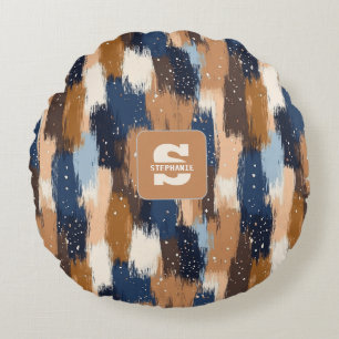 Abstrakt Brushstrokes i Blue, White & Brown (2) Rund Kudde
