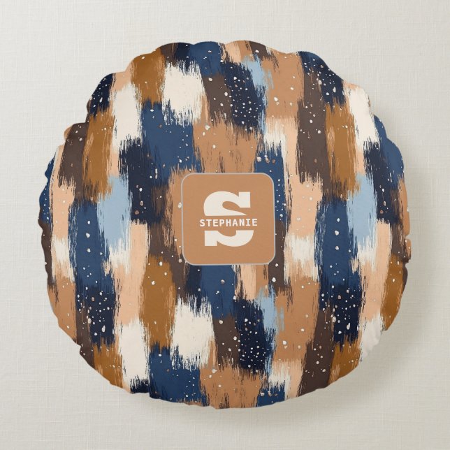 Abstrakt Brushstrokes i Blue, White & Brown (2) Rund Kudde (Framsidan)