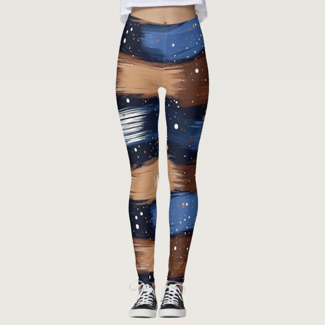 Abstrakt Brushstrokes i Blue, White & Brown (3) Leggings (Framsida)