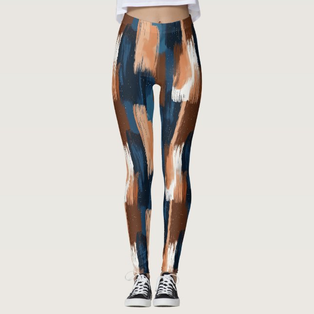 Abstrakt Brushstrokes i Blue, White & Brown Leggings (Framsida)