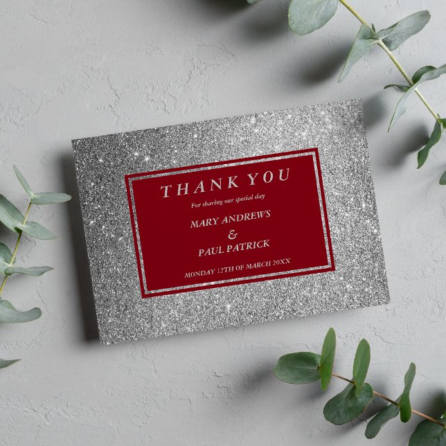 Abstrakt burgundy faux silver glitter tack kort (Abstract burgundy faux silver glitter thank you card )