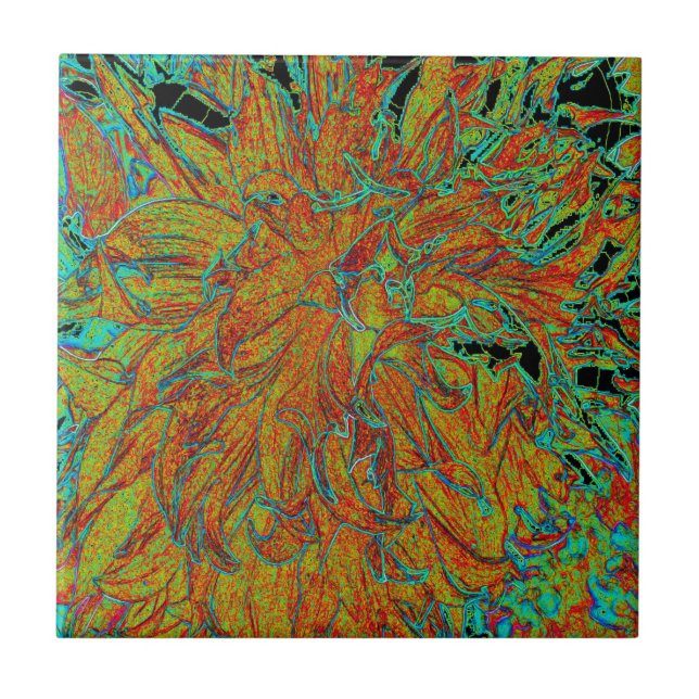 Abstrakt Burnt Orange och Grönt Dahlia Bloom Kakelplatta (Framsidan)