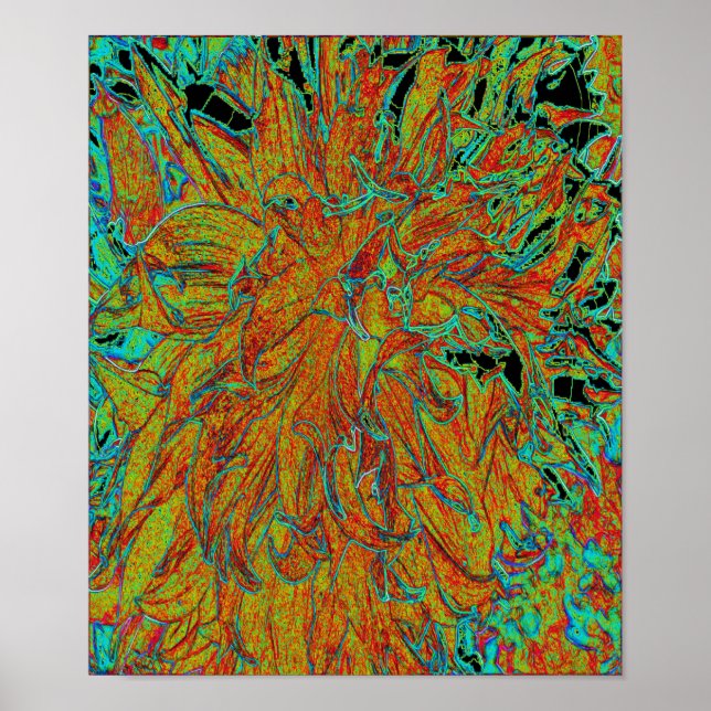 Abstrakt Burnt Orange och Grönt Dahlia Bloom Poster (Framsidan)