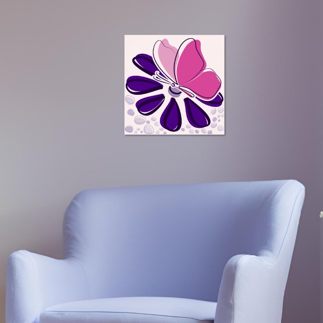 Abstrakt Butterfly och Blommar Rosa och Lila Art Poster (Abstract Butterfly and Blossom Pink and Purple Art Poster)
