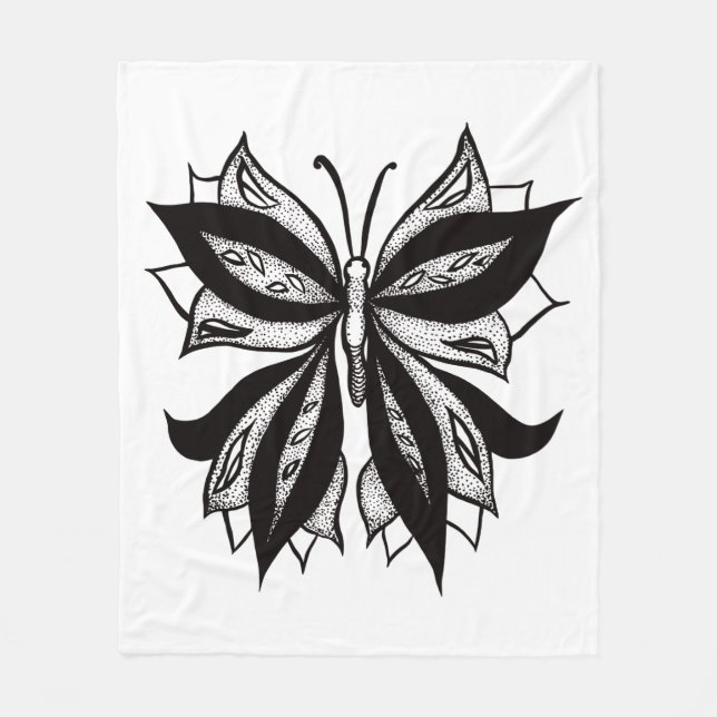 Abstrakt Butterfly Tattoo Black and White Fleecefilt (Framsidan)