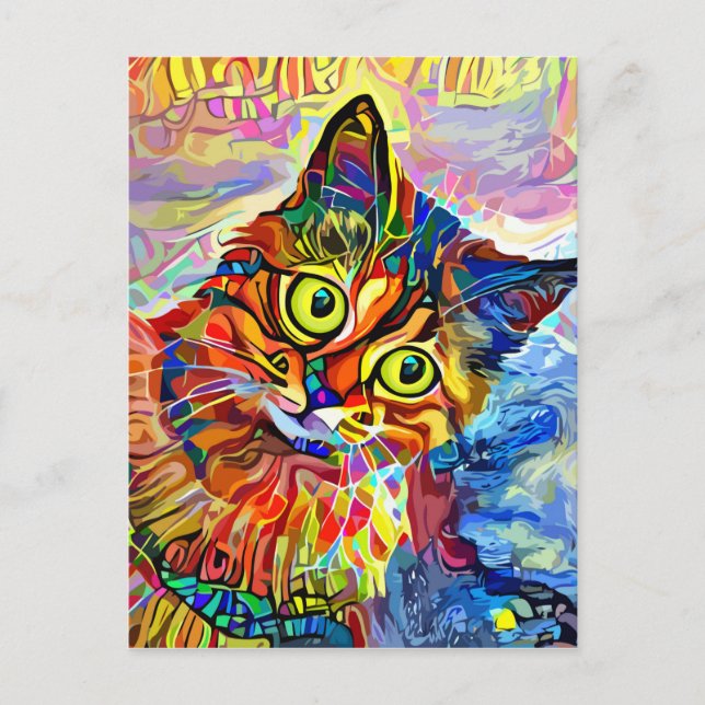 Abstrakt Cat Ansikte Impressionist Porträtt Painti Vykort (Framsida)