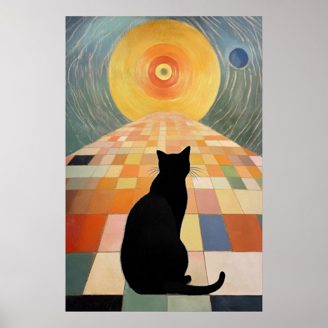 Abstrakt Cat Painting - Black Cat och Sol Poster (Framsidan)