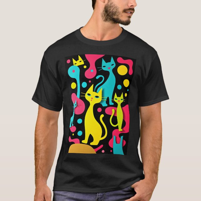 abstrakt Cats 1970-talet Stil Groovy T Shirt (Framsida)