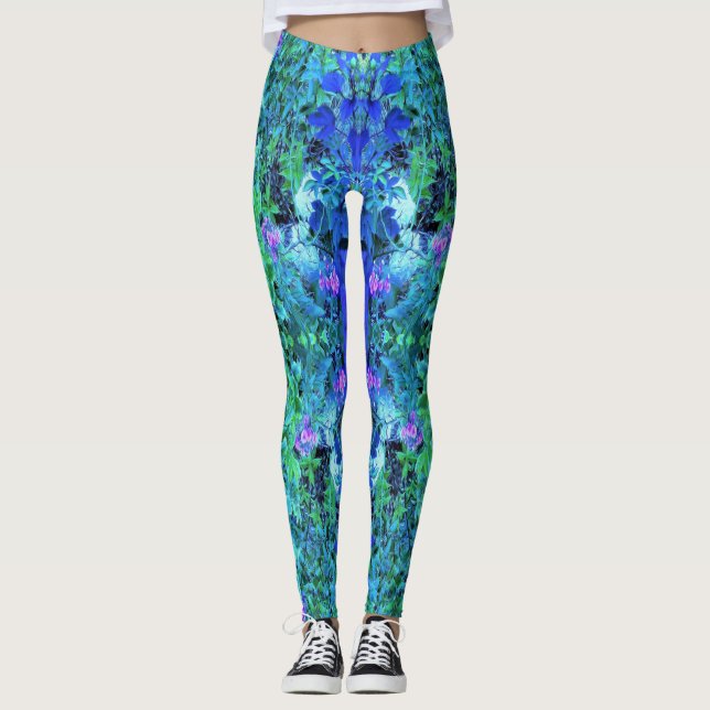 Abstrakt Chartreuse och Blått Lövverk Mönster Leggings (Framsida)