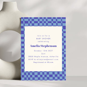 Abstrakt Checkated Retro Blue Baby Shower Inbjudningar