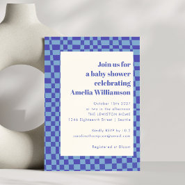 Abstrakt Checkded Art Blue Retro Baby Shower Inbjudningar
