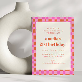 Abstrakt Checkered Art Rosa Orange 21 Birthday Inbjudningar
