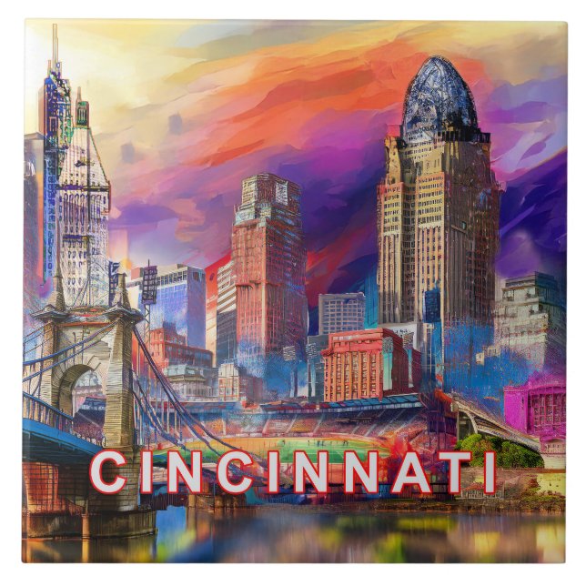 Abstrakt Cincinnati Skyline Art Modern City Kakelplatta (Framsidan)