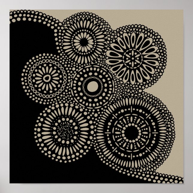 Abstrakt Circles Dots Flowers Black on Tan Print Poster (Framsidan)