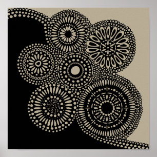Abstrakt Circles Dots Flowers Black på Tan Print Poster