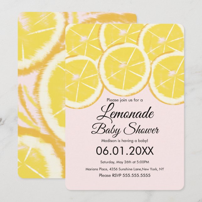 Abstrakt Citron Citrus Lemonad Rosa Bebis Shower Inbjudningar (Fram/baksida)
