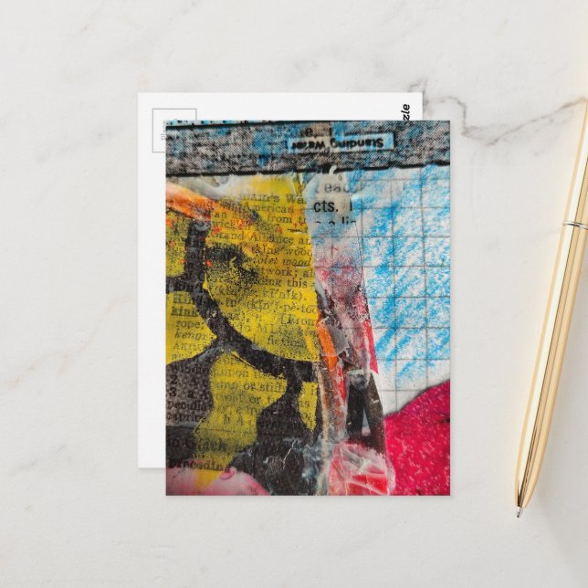 abstrakt collage gul sol ord vykort (Fram/Back In Situ)