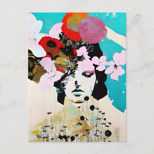 Abstrakt collage i blandad teknik med blommor och  vykort (Framsida)