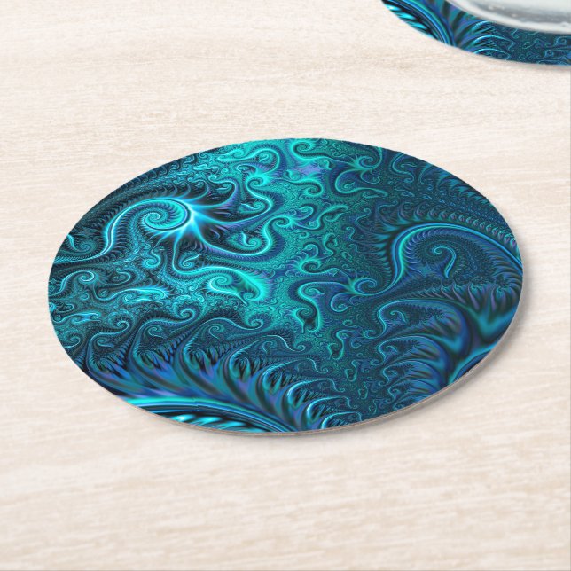 Abstrakt Colorful Blue & Teal Spiral Mönster Underlägg Papper Rund (Vinklad)