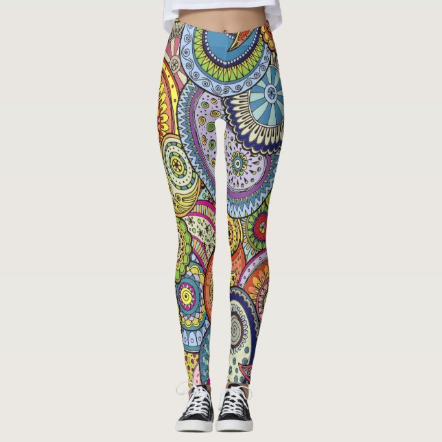 Abstrakt Colorful Paisleys Mönster Leggings (Framsida)