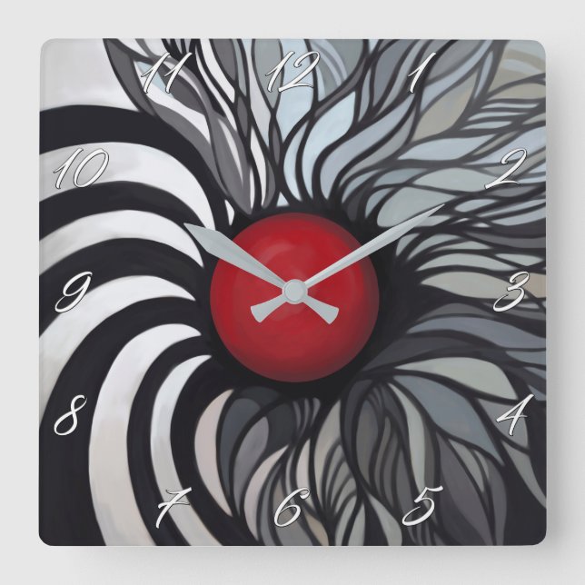 Abstrakt, contemporary, röd cirkel, svart, vit fyrkantig klocka (Framsida)