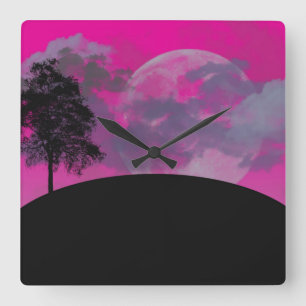 Abstrakt Crimson Måne Square Wall Clock Fyrkantig Klocka