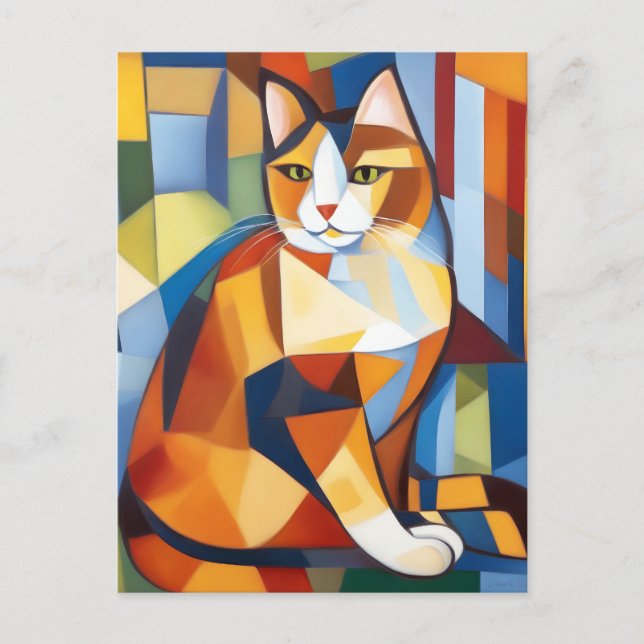 Abstrakt Cubist Calico Cat Vykort (Framsida)