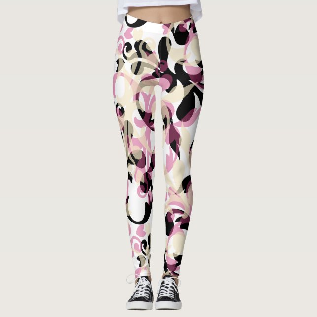 Abstrakt Curly Black Rosa Vinkarare Leggings (Framsida)