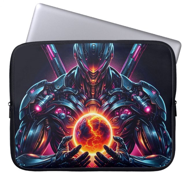 Abstrakt Cyberkosmisk Futuristisk Robotvakt Laptop Fodral (Framsidan)