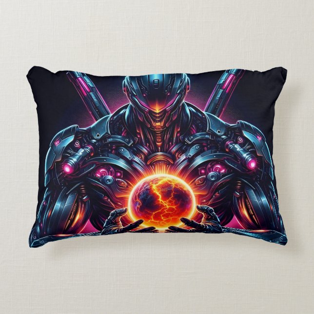 Abstrakt Cyberkosmisk Guardian Futuristisk Robot Prydnadskudde (Framsidan)
