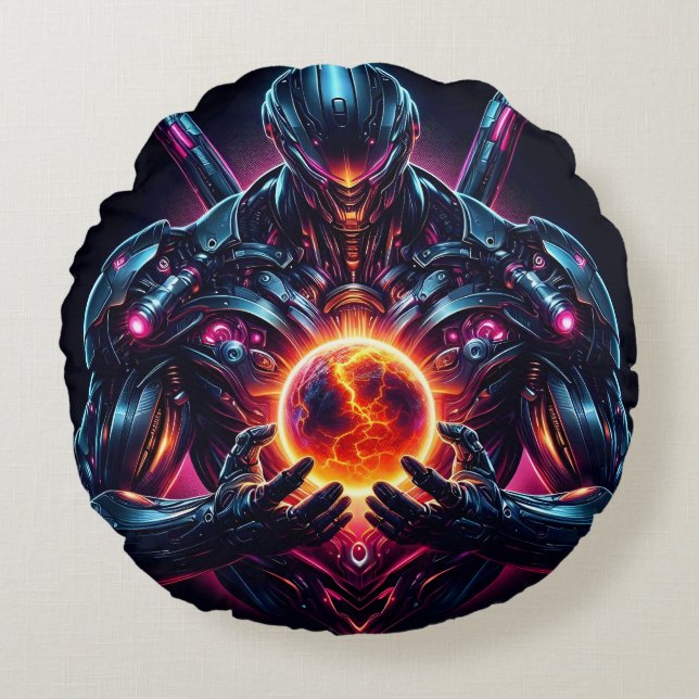 Abstrakt Cyberkosmisk Guardian Futuristisk Robot Rund Kudde (Framsidan)