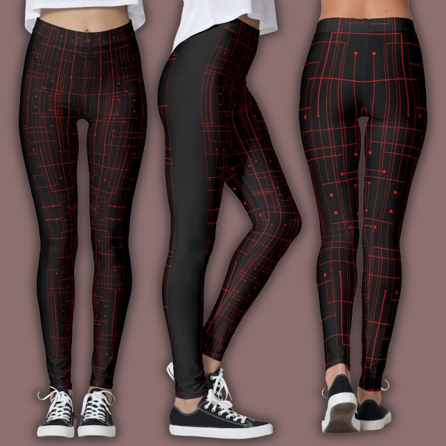 Abstrakt cybermönster | Svart och krimsonröd krets Leggings (Skapare uppladdad)