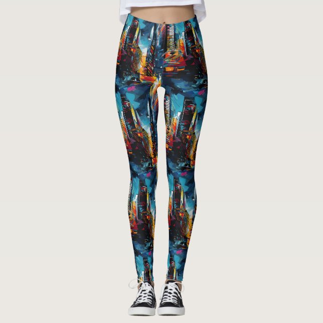 Abstrakt cyberpunk-stadssiluett (3) leggings (Framsida)