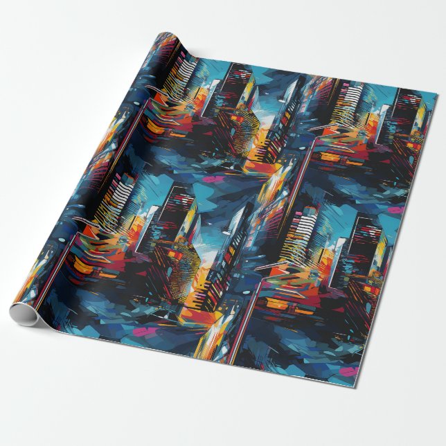Abstrakt Cyberpunk Stadssiluett (3) Presentpapper (Utrullad)