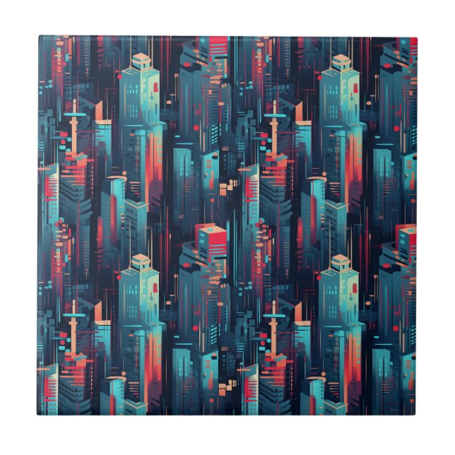 Abstrakt cyberpunk-stadssiluett (5) kakelplatta (Framsidan)