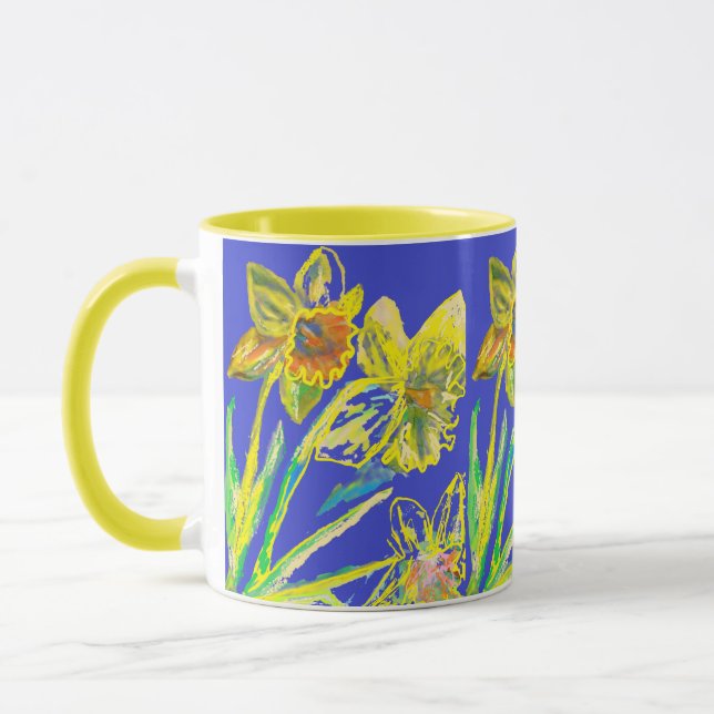 Abstrakt Daffodil Gult Blåa blommor Blommigt Art Mugg (Vänster)