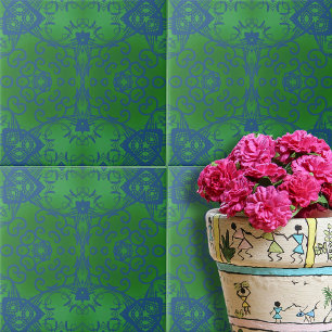 Abstrakt Damask Emerald Grönt Blue Mönster Kakelplatta