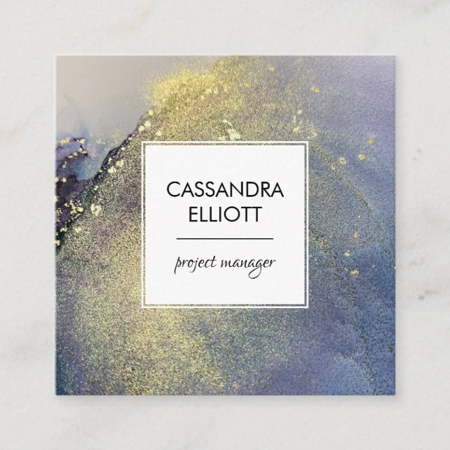 Abstrakt Denim Blue & Guld Alcohol Bläck Liquid Ar Fyrkantigt Visitkort (Framsida)
