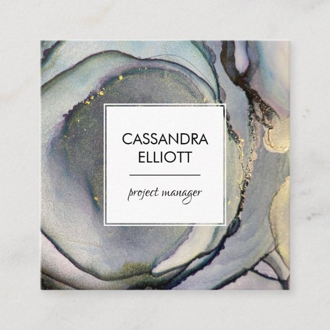 Abstrakt Denim Blue & Guld Alcohol Bläck Liquid Ar Fyrkantigt Visitkort (Framsida)